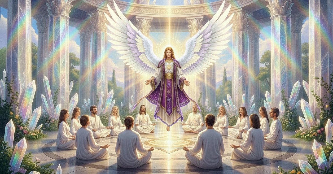 Un ange entouré de méditants dans un cadre spirituel.