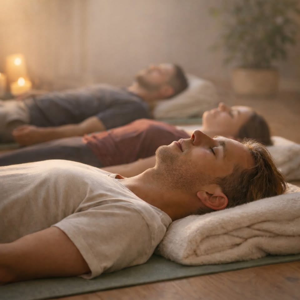 Trois personnes en relaxation dans un espace calme.