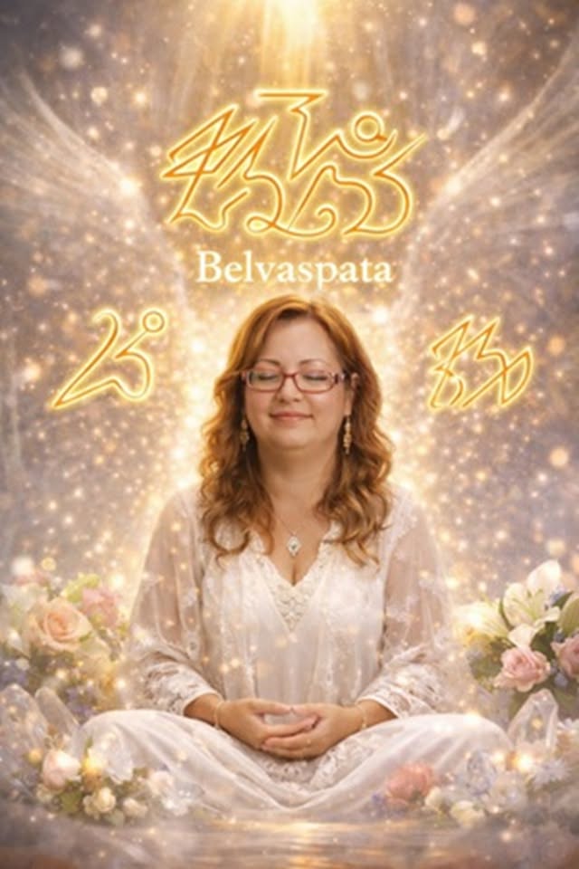 Femme méditant entourée de fleurs et de lumière.