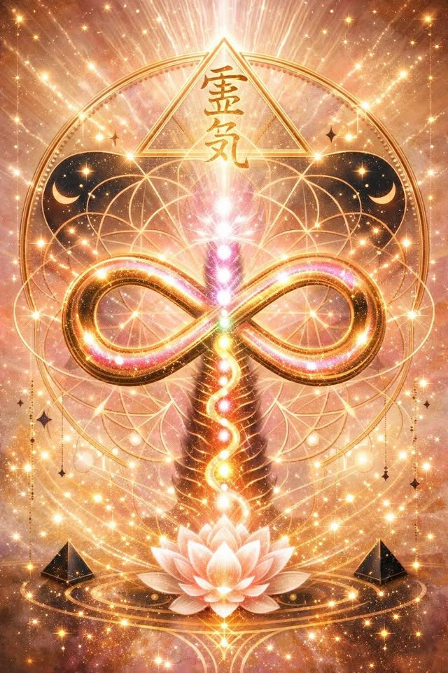 Symbole de l'infini avec lotus et motifs spirituels.