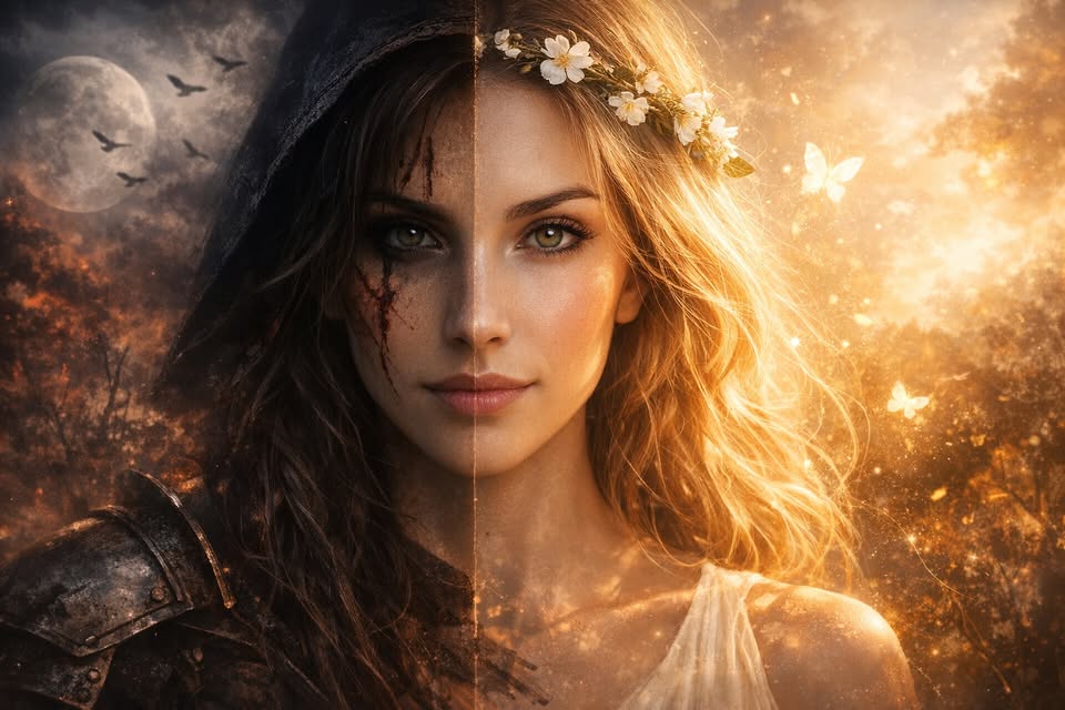 Visage féminin divisé, ambiance mystique et contrastée.