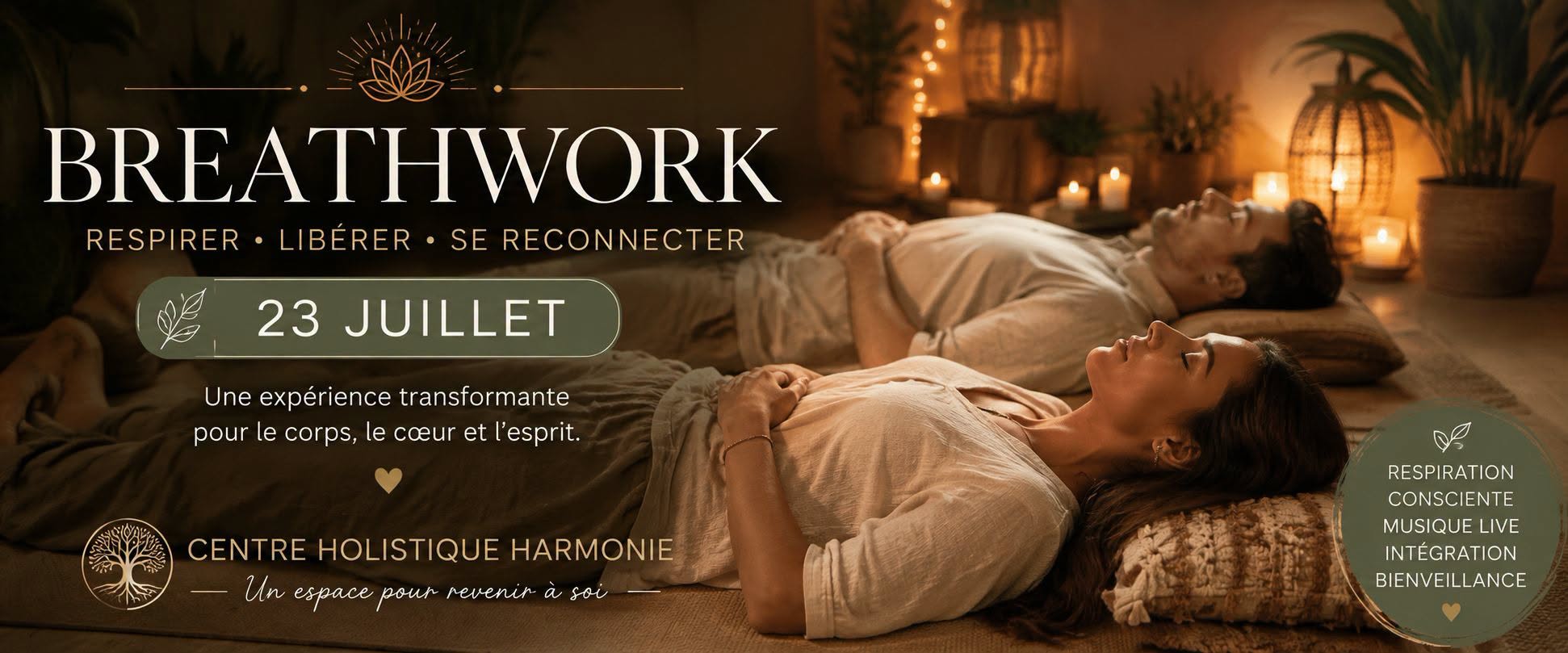 Séance de breathwork dans ambiance chaleureuse aux bougies