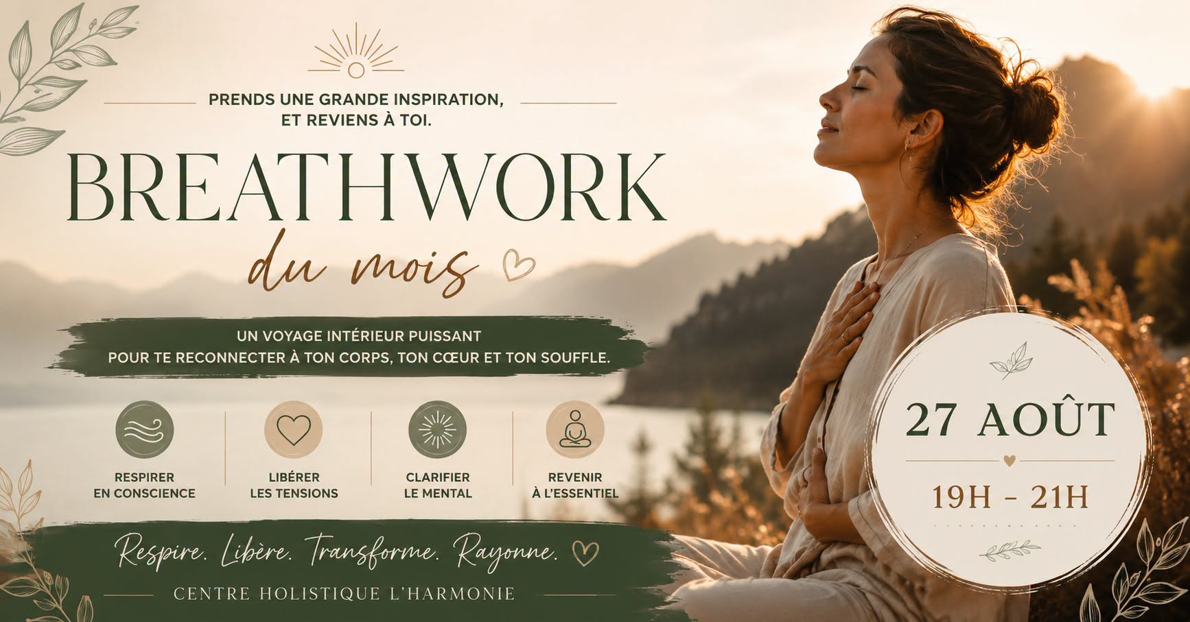 Affiche atelier breathwork femme méditant au coucher soleil