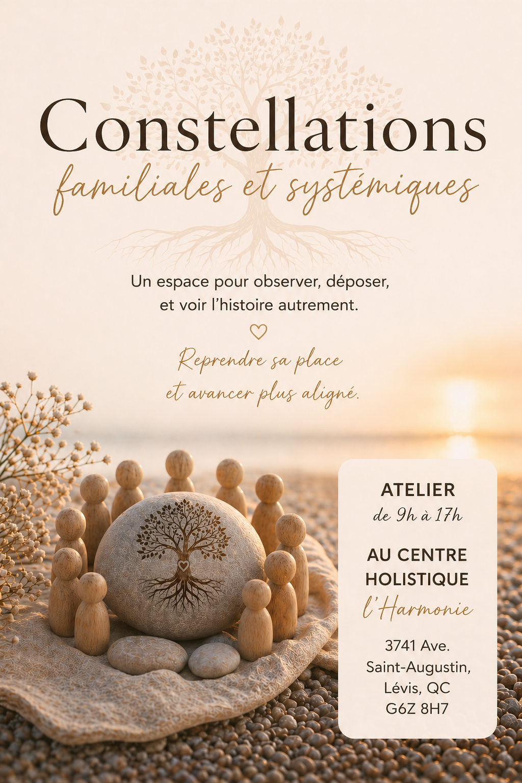 Affiche atelier constellations familiales au coucher du soleil