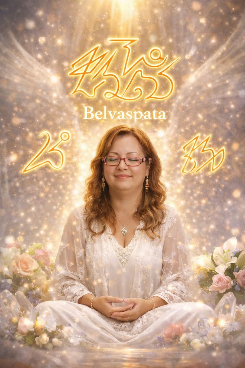 Personne méditant entourée de lumière et fleurs.