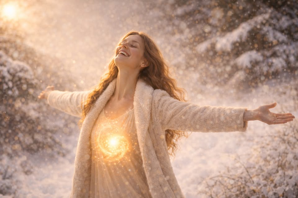 Femme souriante sous la neige, bras ouverts.
