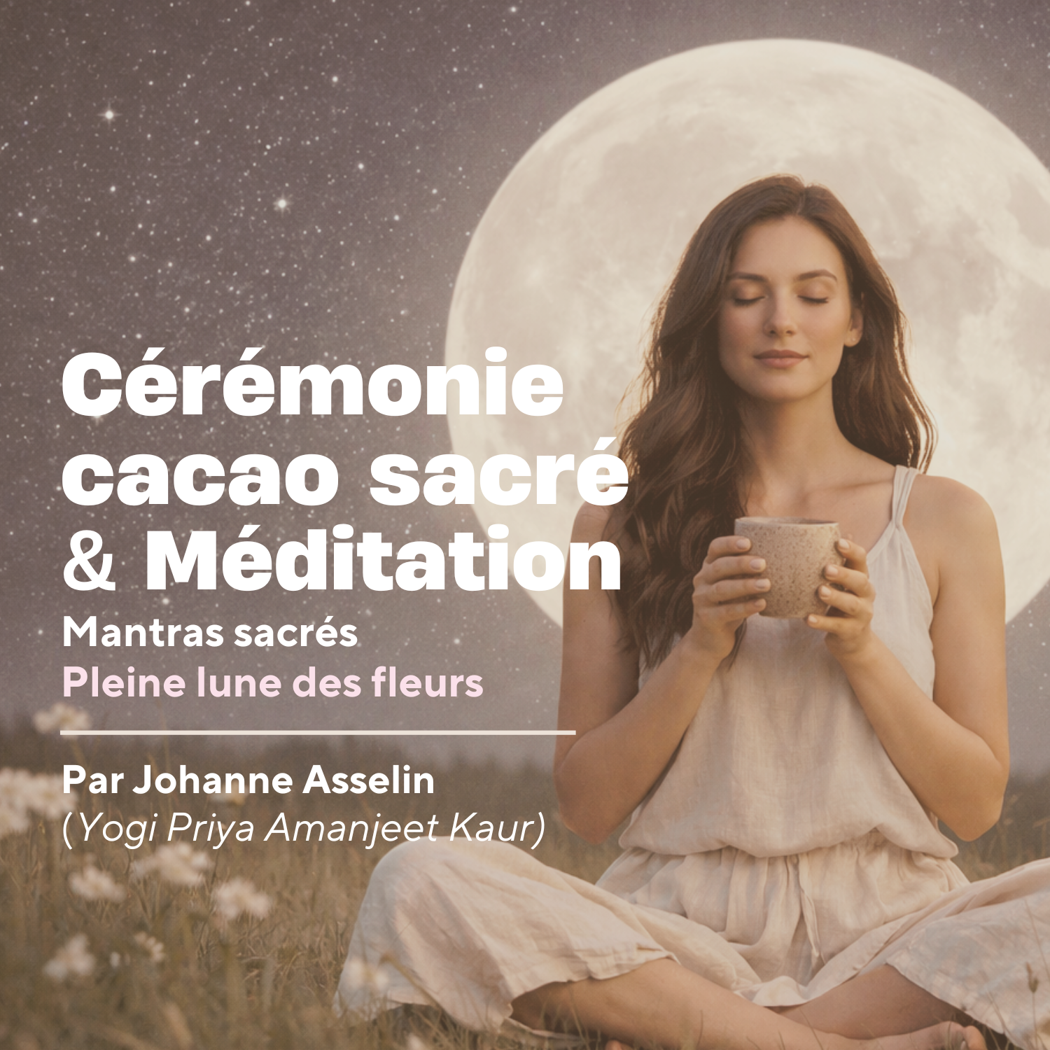 Femme méditant avec une tasse de cacao sacré.