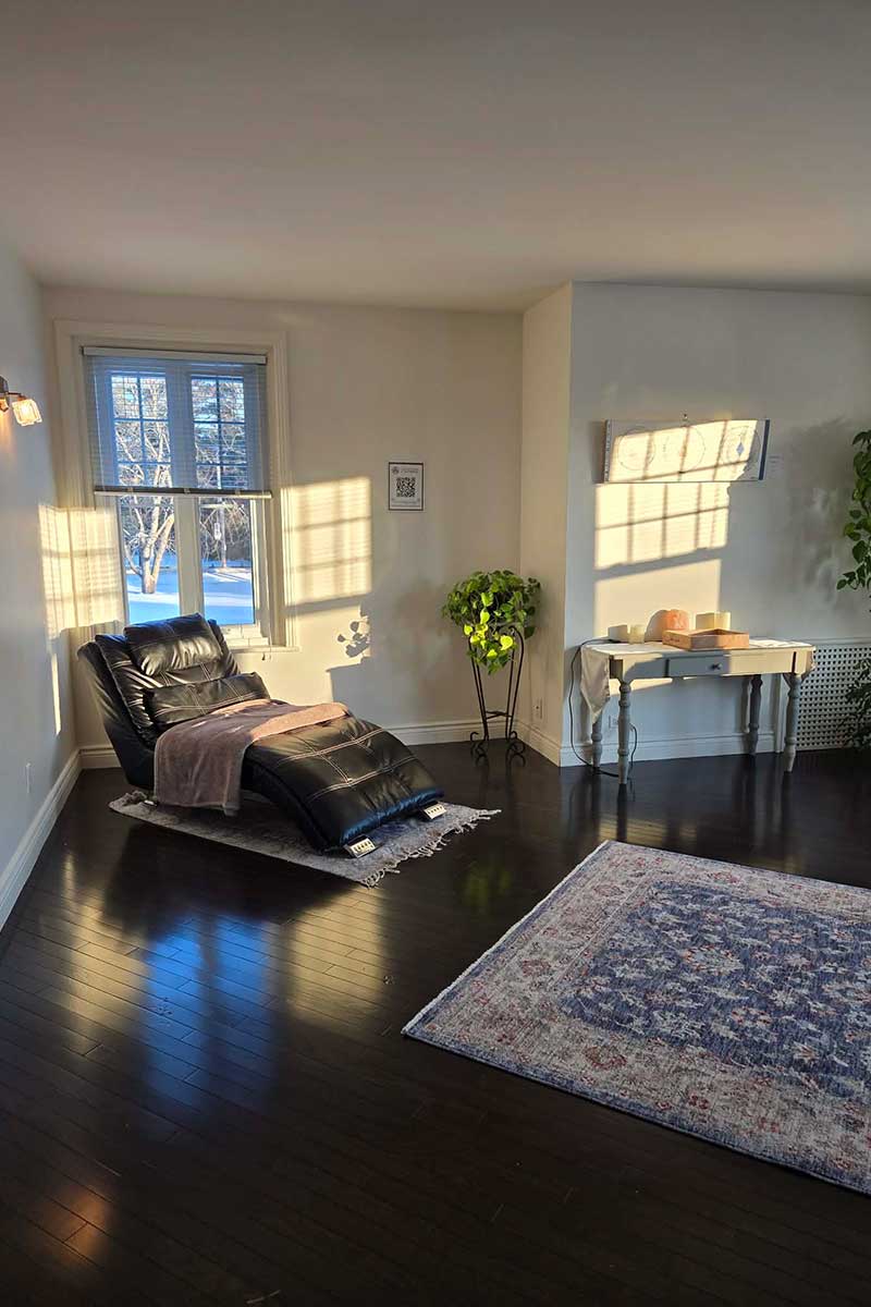 Salon lumineux avec fauteuil confortable et plantes.