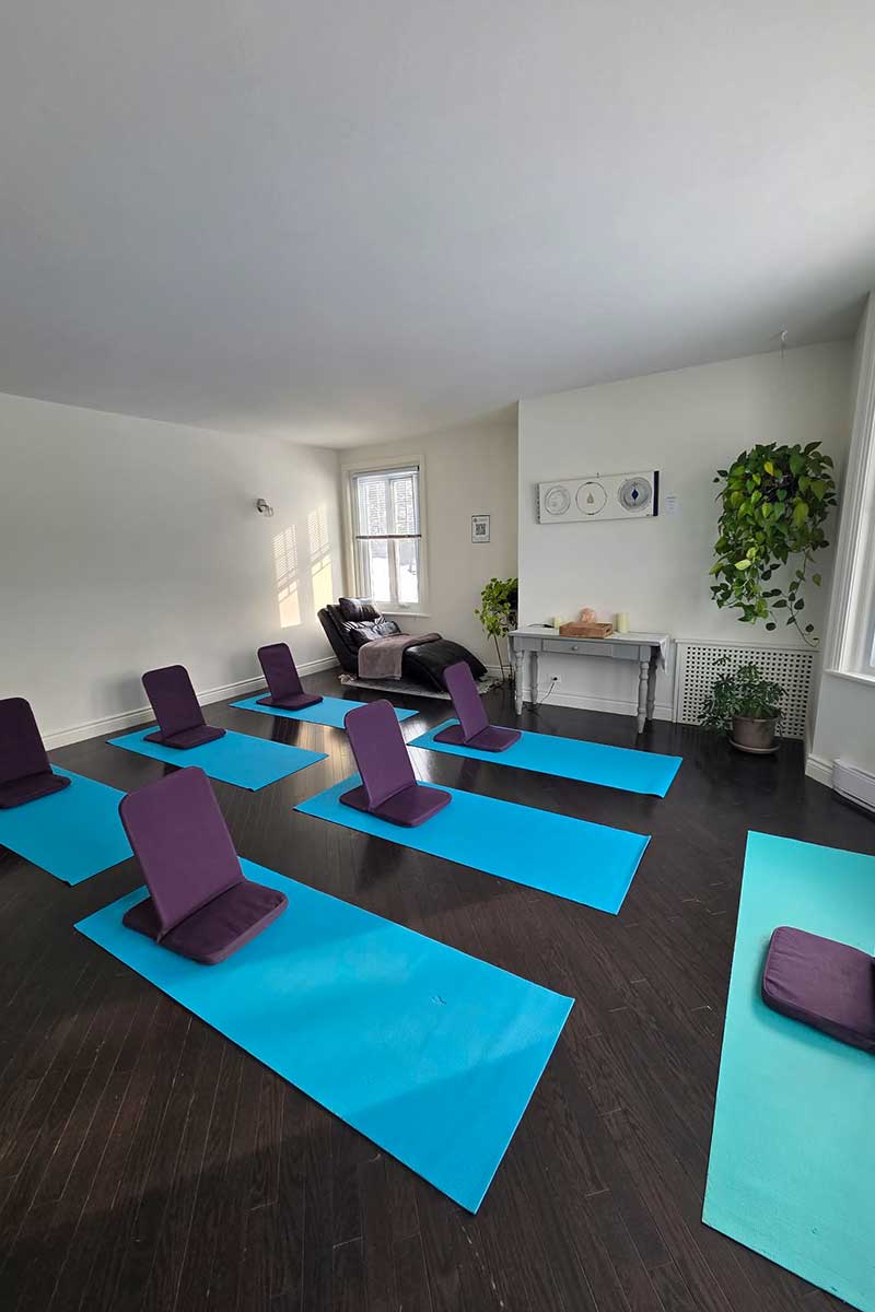 Salle de yoga avec tapis de méditation.