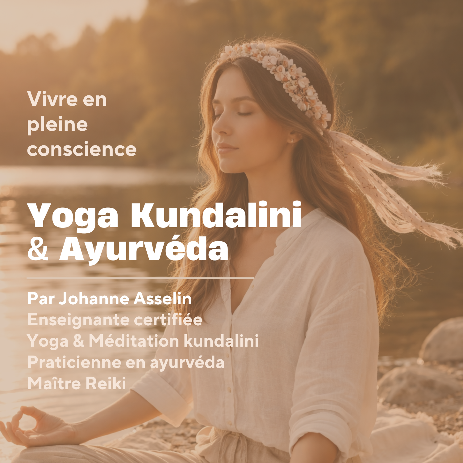 Femme méditant au bord d'un lac.